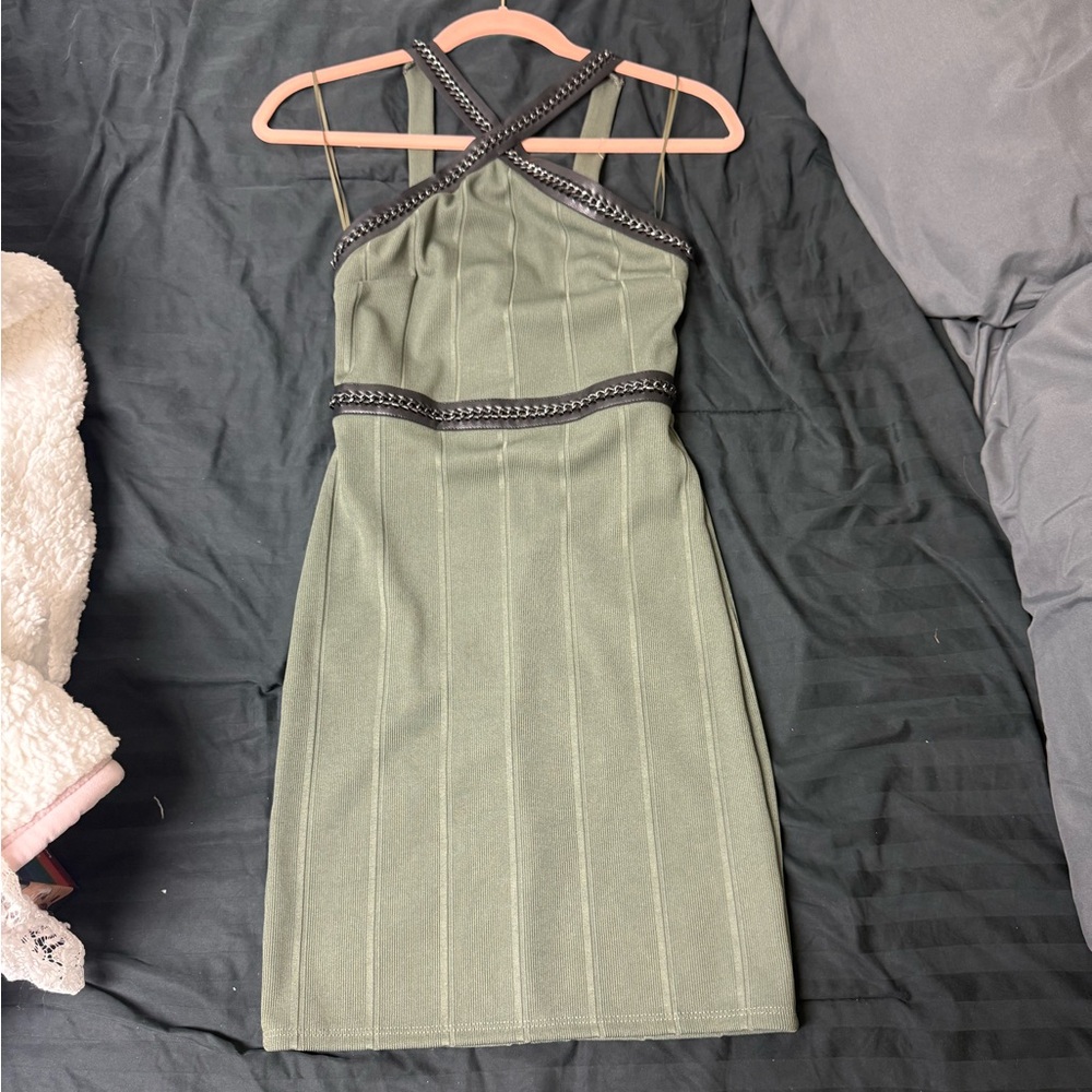 Topshop Olive Dress with Black faux Leather chain Accents